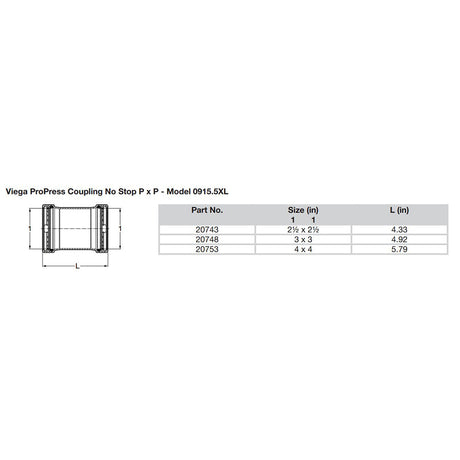 Viega ProPress XL 2-1/2" Copper Coupling without Stop - Double Press Connection - Smart Connect Technology - 20743