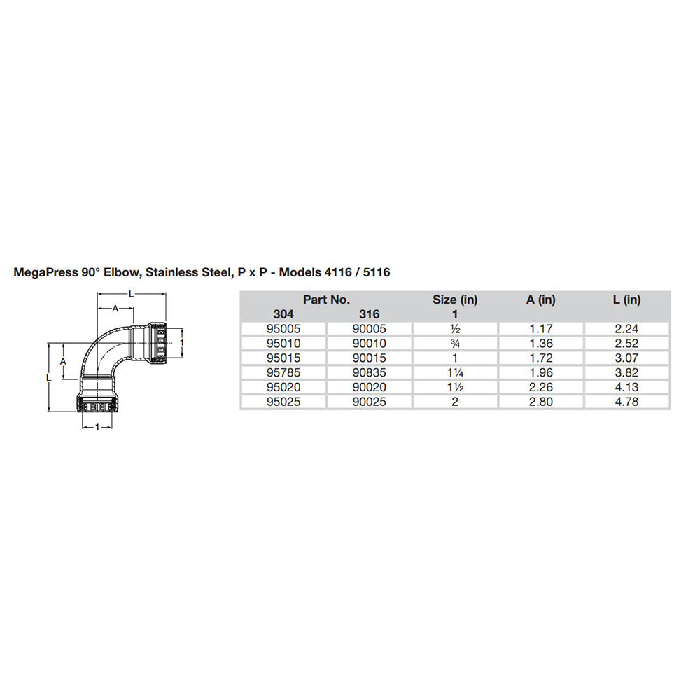 Viega MegaPress 3/4" 90° Stainless Steel 304 Elbow - Double Press Connection - Smart Connect Technology - 95010