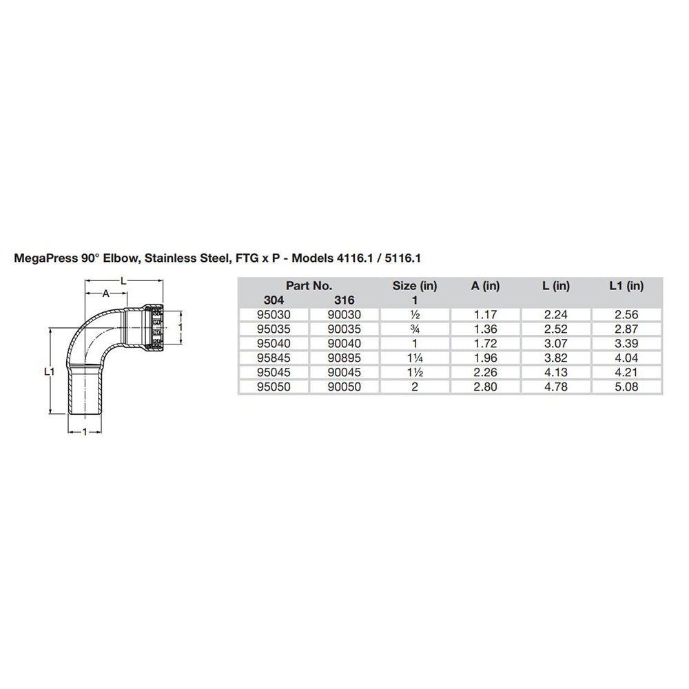 Viega MegaPress 1/2" 90° Stainless Steel 304 Elbow Street - Press Connection - Smart Connect Technology - 95030