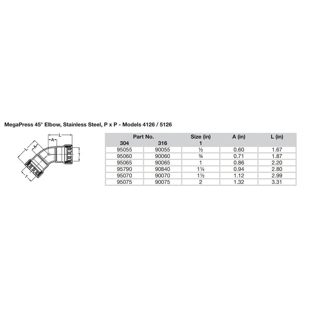 Viega MegaPress 1/2" 45° Stainless Steel 304 Elbow - Double Press Connection - Smart Connect Technology - 95055