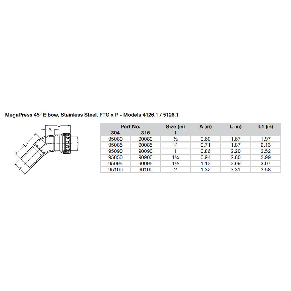 Viega MegaPress 3/4" 45° Stainless Steel 304 Elbow Street - Press Connection - Smart Connect Technology - 95085