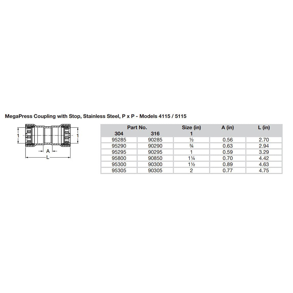 Viega MegaPress 1/2" Stainless Steel 304 Coupling w/Stop - Double Press Connection - Smart Connect Technology - 95285