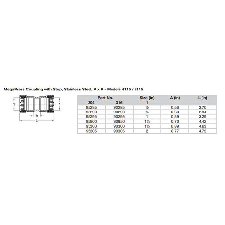 Viega MegaPress 1-1/2" Stainless Steel 304 Coupling w/Stop - Double Press Connection - Smart Connect Technology - 95300