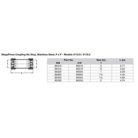 Viega MegaPress 1/2" Stainless Steel 304 Coupling w/o Stop - Double Press Connection - Smart Connect Technology - 95310