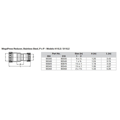 Viega MegaPress 3/4" x 1/2" Stainless Steel 304 Reducer - Double Press Connection - Smart Connect Technology - 95335