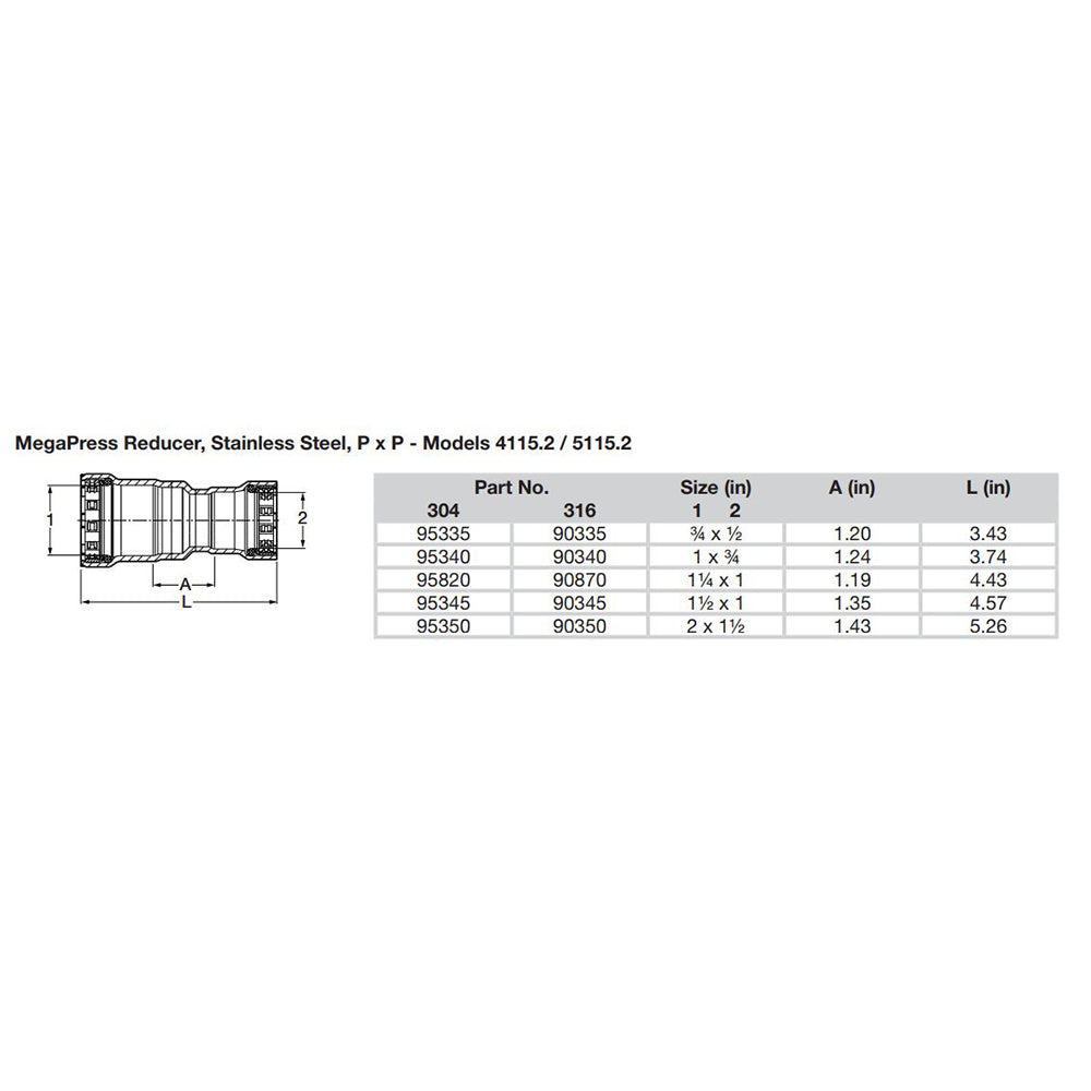 Viega MegaPress 2" x 1-1/2" Stainless Steel 304 Reducer - Double Press Connection - Smart Connect Technology - 95350