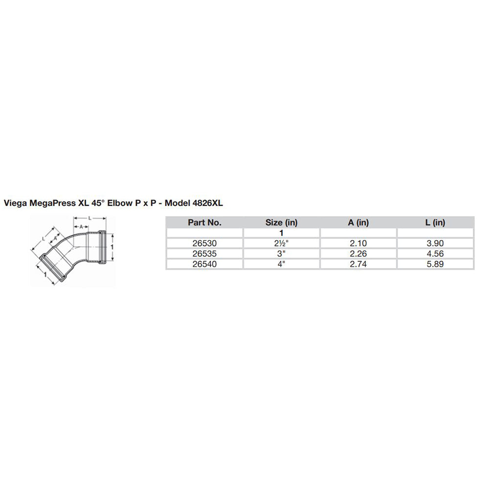 Viega MegaPress XL 2-1/2" 45° Carbon Steel Elbow w/FKM - Double Press Connection - Smart Connect Technology - 26530