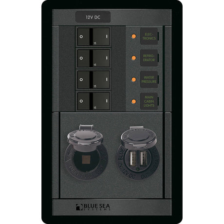 Blue Sea 1495 - 360 Panel - 4 Position 12V with Dual USB & 12V Socket - 1495