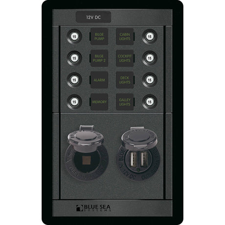 Blue Sea 1498 - 360 Panel - 8 Position 12V Panel with Dual USB & 12V Socket - 1498