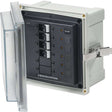Blue Sea 3133 SMS panel enclosure with main and three branch 12/24V DC circuit breakers and clear protective cover