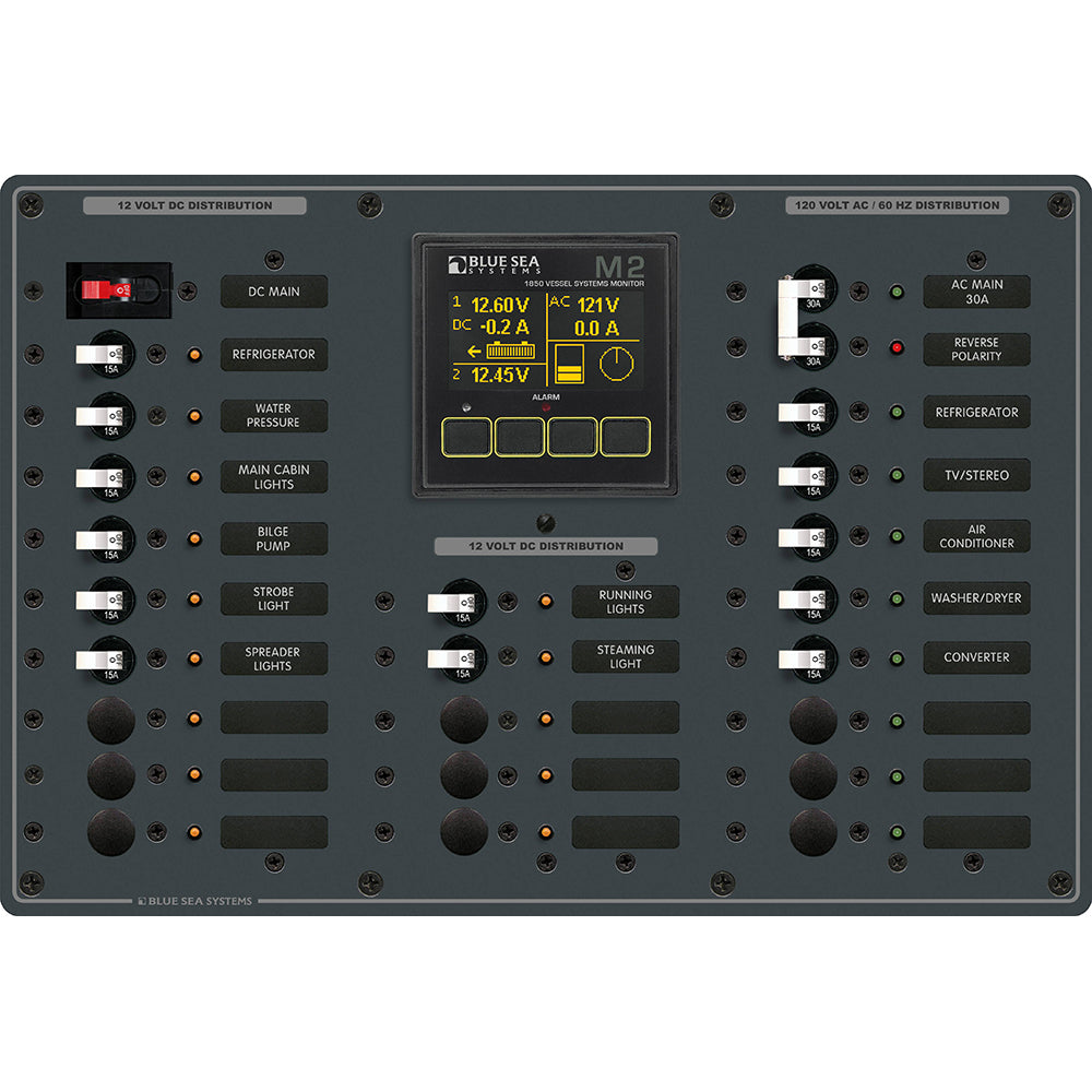 Blue Sea 8413 - Metal AC/DC Panel with M2 Vessel Systems Monitor & 22 Circuit Breakers (15A) - 8413