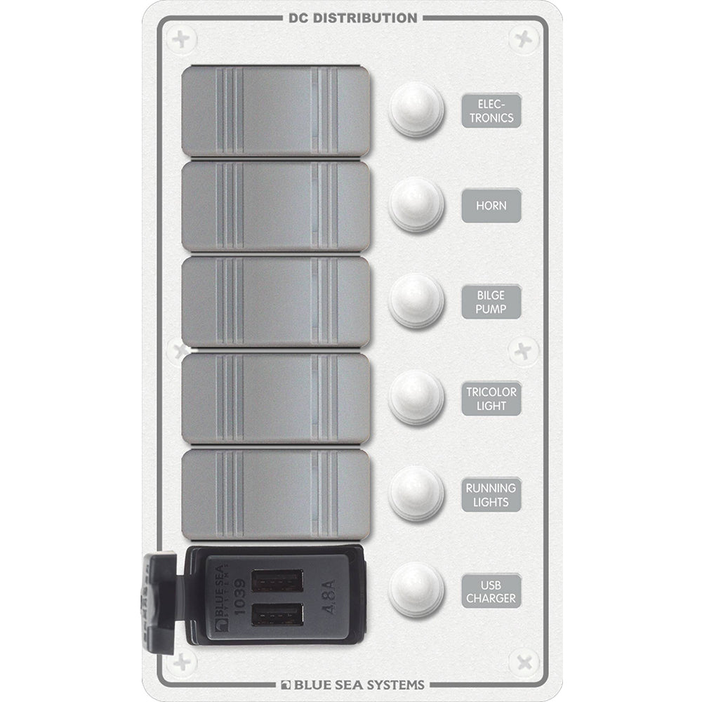 Blue Sea 8421 - 5 Position Contura Switch Panel with Dual USB Chargers - 12/24V DC - White - 8421