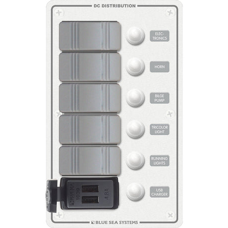 Blue Sea 8421 - 5 Position Contura Switch Panel with Dual USB Chargers - 12/24V DC - White - 8421