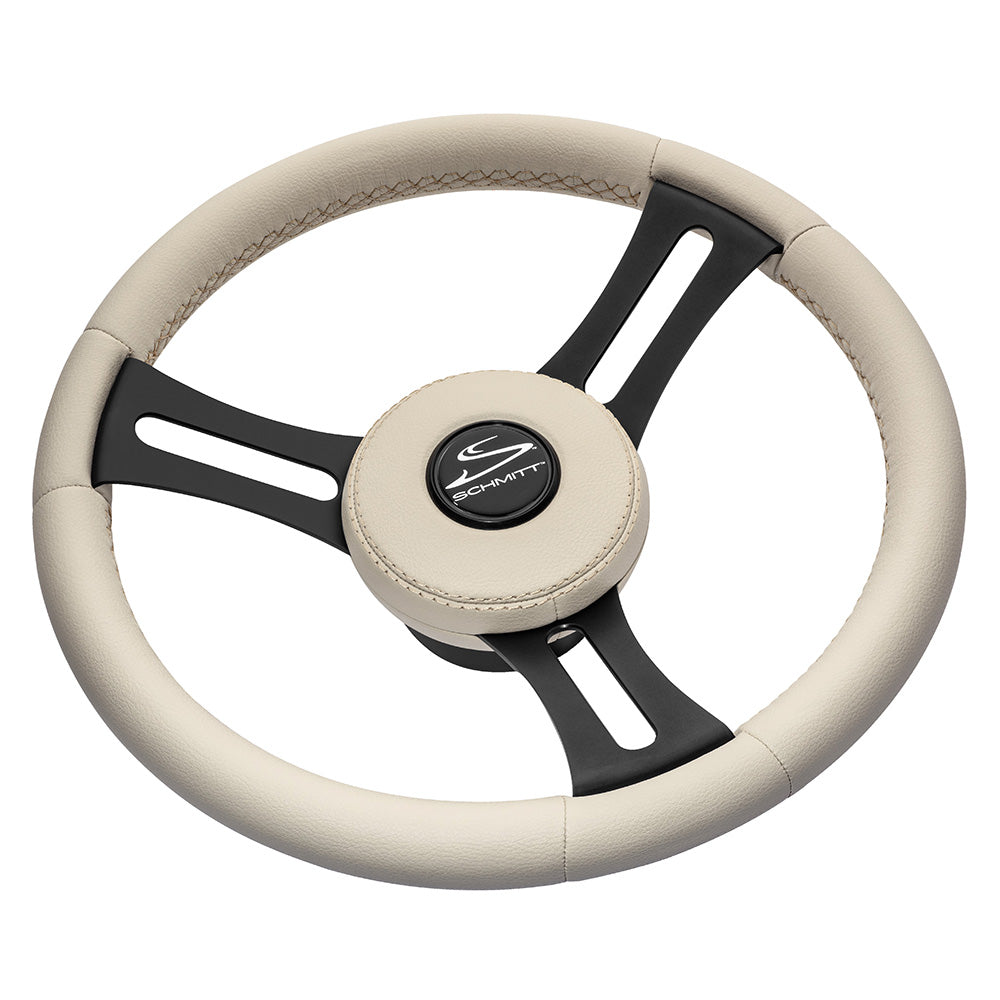 Schmitt & Ongaro Torcello Elite 14" Wheel - Beige Leather & Cap - White Stitching - Black SS Spokes - 3/4" Tapered Shaft - PU081B11