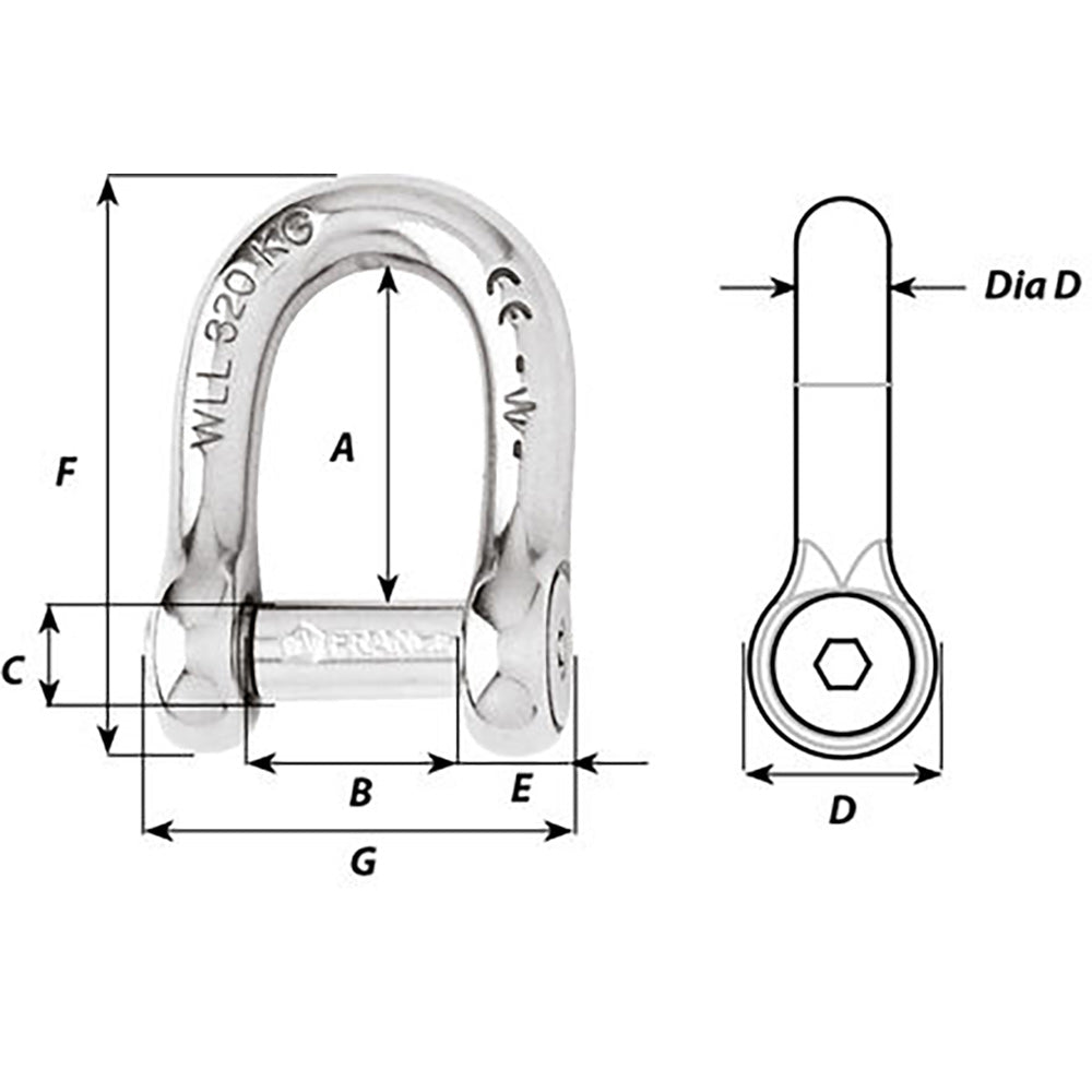 Wichard Self-Locking Allen Head Pin D Shackle - 6mm Diameter - 1/4" - 1303