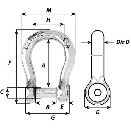 Wichard Self-Locking Allen Head Pin Bow Shackle - 6mm Diameter - 1/4" - 1343