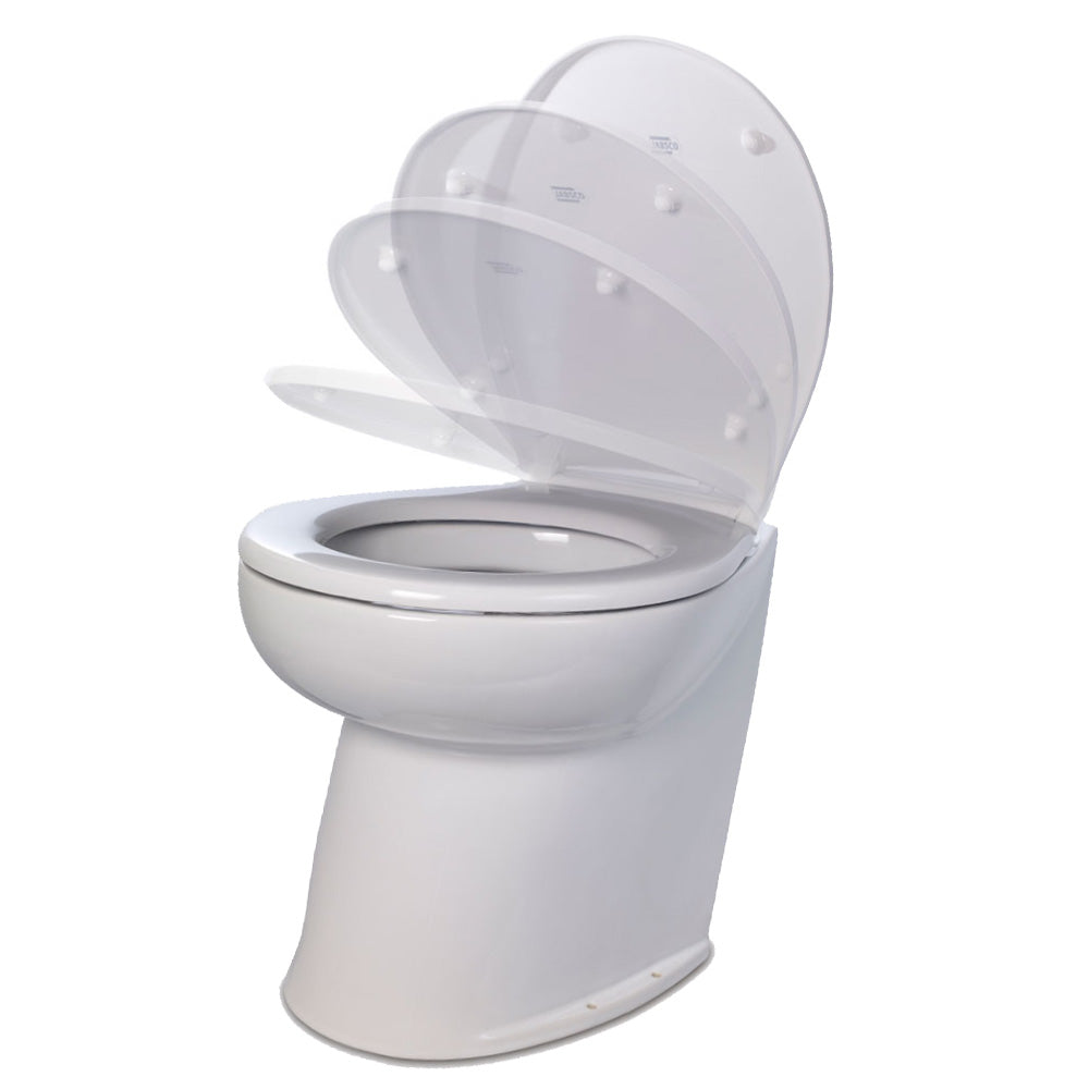 Jabsco Deluxe Flush 14" Angled Back 12V Raw Water Electric Marine Toilet w/Remote Rinse Pump & Soft Close Lid - 58260-3012