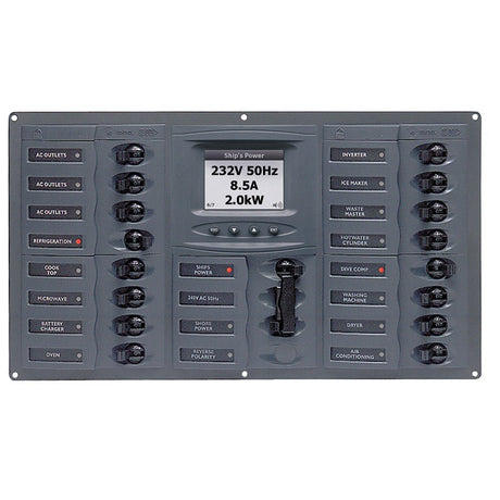 BEP AC Circuit Breaker Panel w/Digital Meters, 16SP 2DP AC230V ACSM Stainless Steel Horizontal - 900 - AC4 - ACSM - Anchor Express